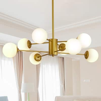 35" Contemporary 8-Light Gold Chandelier Featuring White Glass Globe Shades - Mid-Century Inspired Branching Design (No Bulbs).