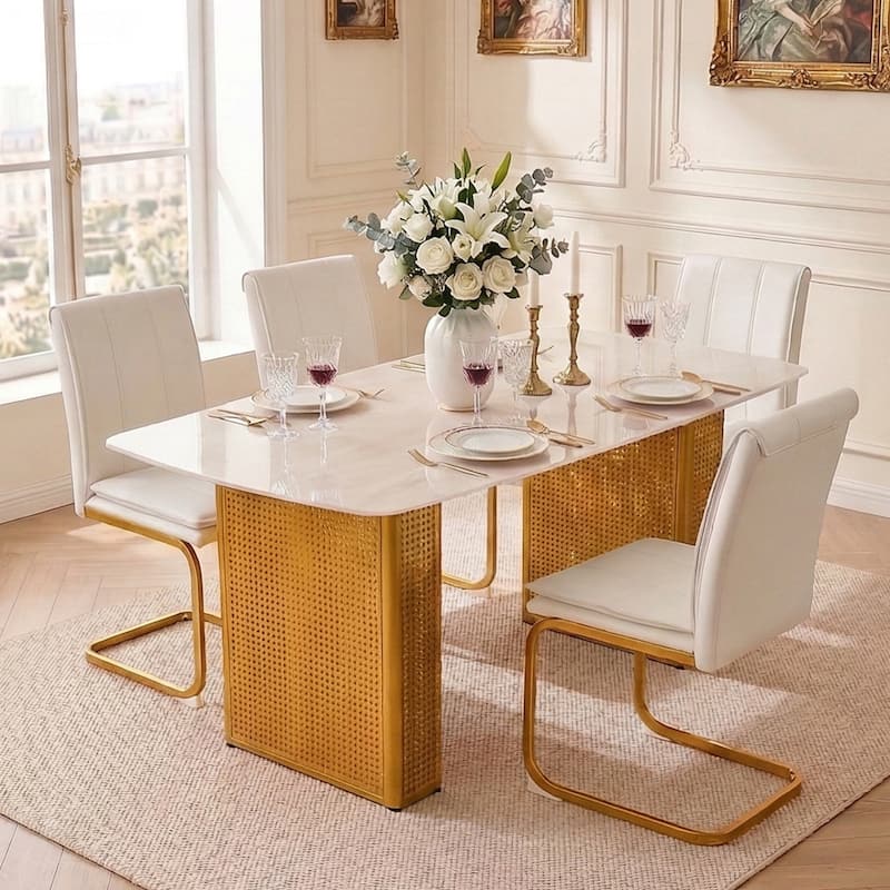 Modern Rectangular Tempered Glass Dining Table, Marble-Patterned Design with Gold Dual-Pedestal Metal Base for Dining Room