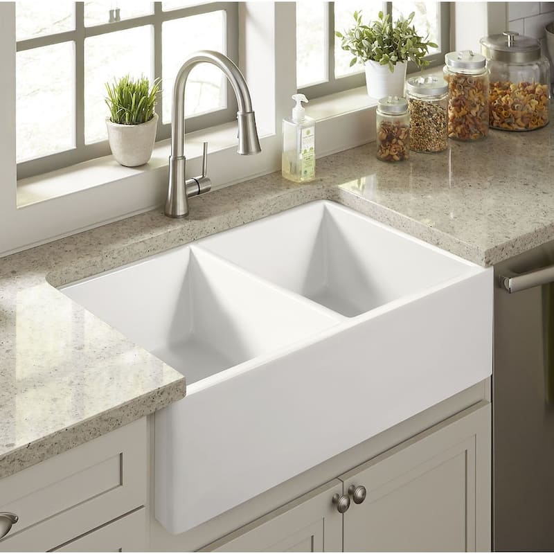 Austen Crisp White Fireclay 33" Double Bowl Farmhouse Apron Front Undermount Kitchen Sink and Drains