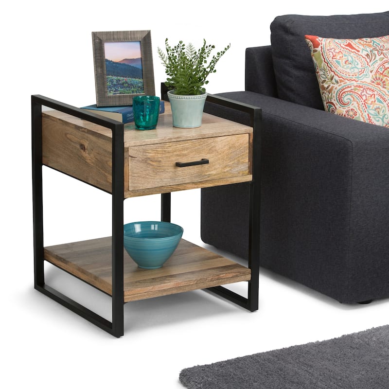 WYNDENHALL Lawson SOLID MANGO WOOD and Metal 20 inch Wide Rectangle Modern Industrial End Side Table - 19.7 W x 22 D x 25.6 H - Natural