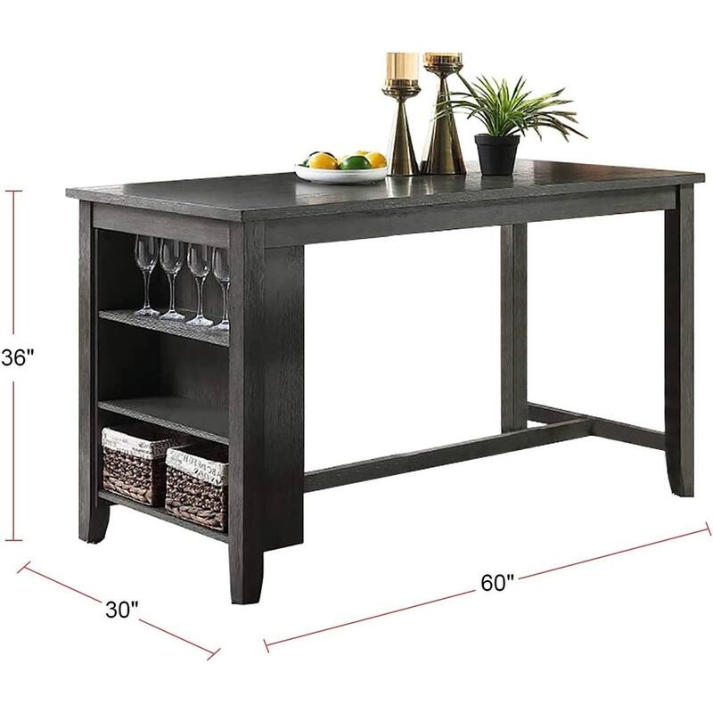 Modern Gray Finish 5pc Counter Height High Dining Table w Storage Shelves High Chairs And Stools Wooden Kitchen Breakfas