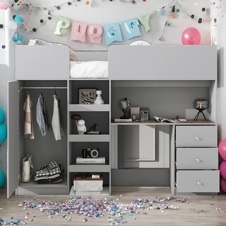 Full Size Loft Bed with Wardrobe,Desk,Shelves and Drawers for Home,Kids Bed Design
