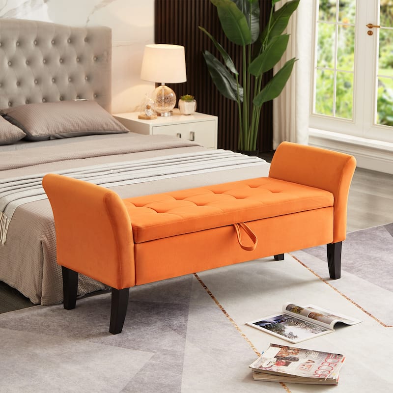 Bed Storage Bench with Curved Arms and Solid Wooden Legs - Orange