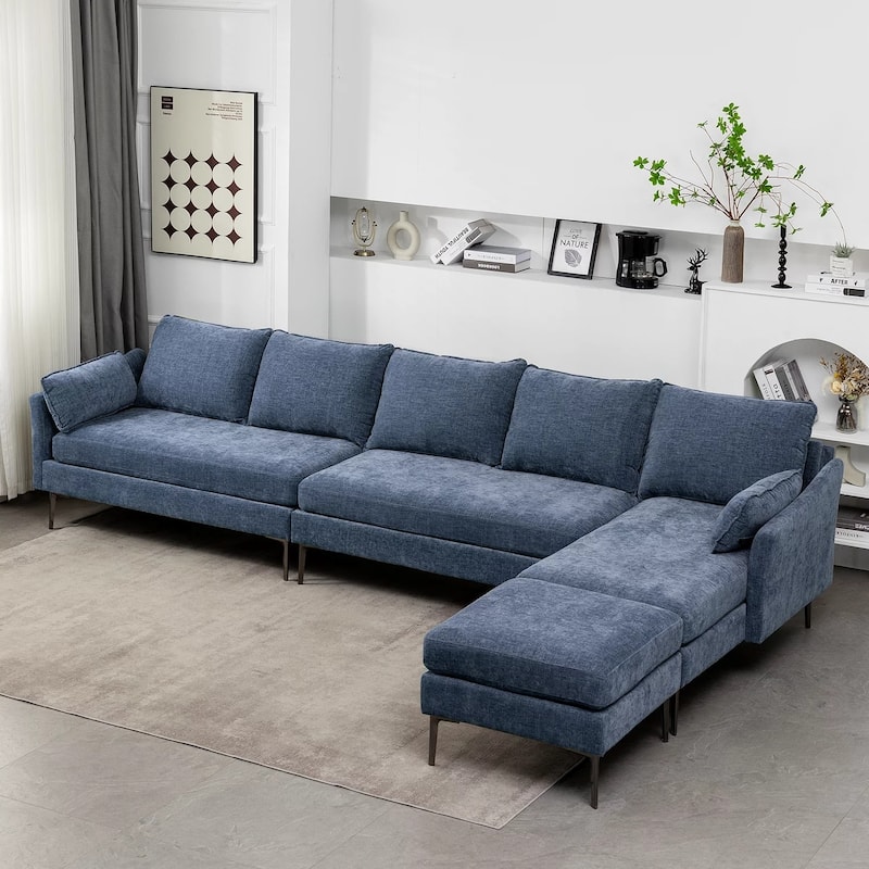 EROMMY U Shaped 6-seat Sectional Sofa Couch, Reversible Sleeper in Modern Chenille Design, with Chaise Lounge and Ottoman - Blue - Right Facing