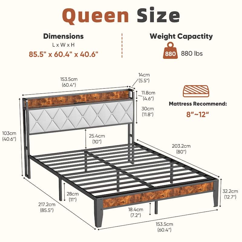 King Size Bed Frame with Charging Station and Storage Shelf, Metal Platform Bed with Headboard, No Box Spring Needed