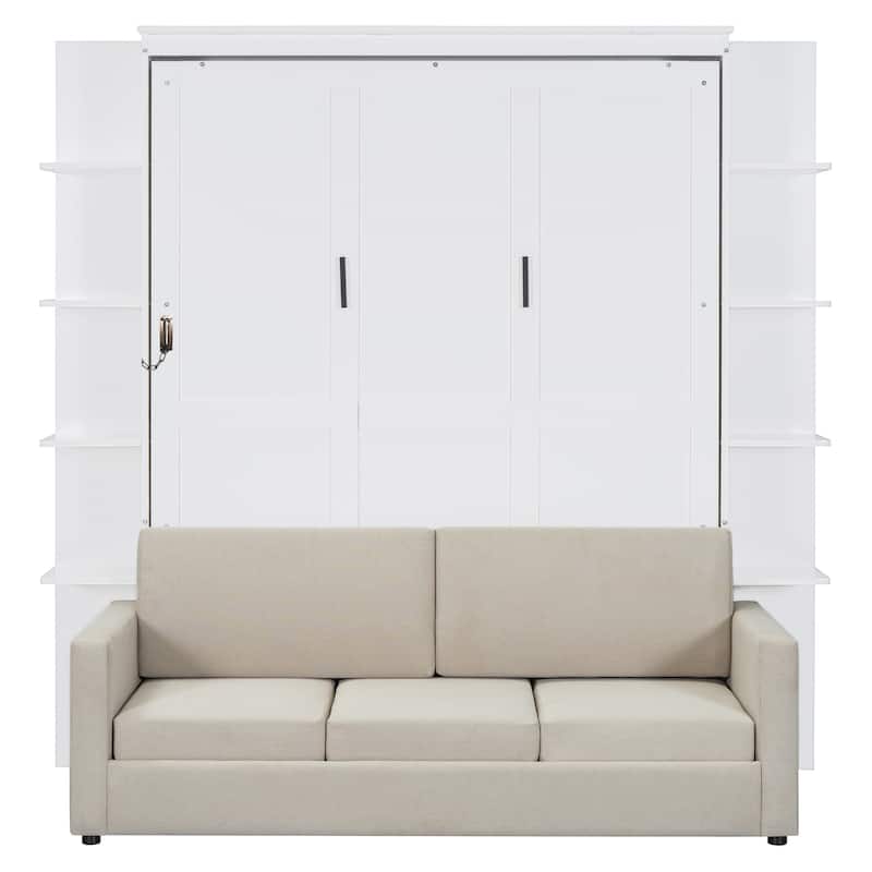Queen Size Murphy Bed Sofa Sleep Storage 3 in 1 Folding Bed Multi-Functional LED Wall Bed for Studio Guest Room Sofa w/ Cushion