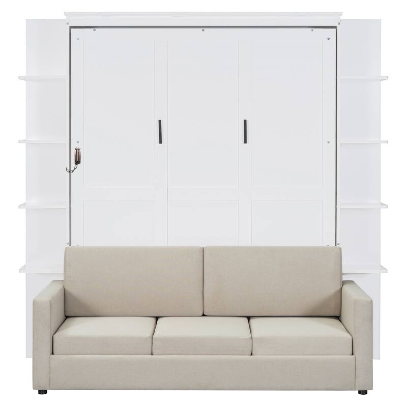 White Queen Size Wall Bed with Sofa, Space-Saving Foldable Design