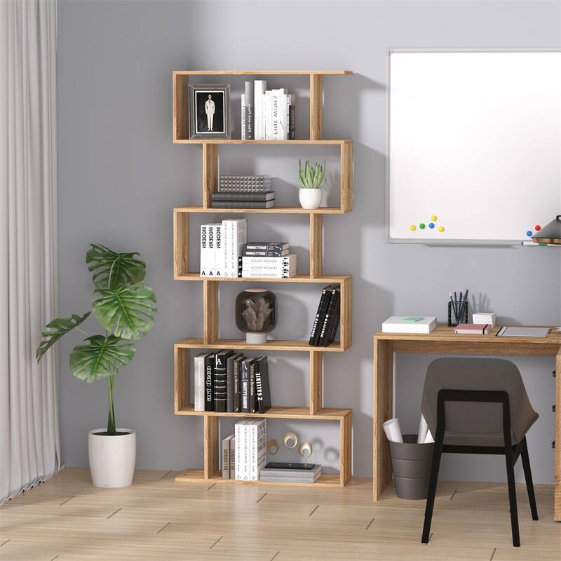 Oak Engineered Wood S-Shaped 6-Tier Bookshelves Shelf with Anti-Tip Design - 31.5" L x 9" W x 75.5" H
