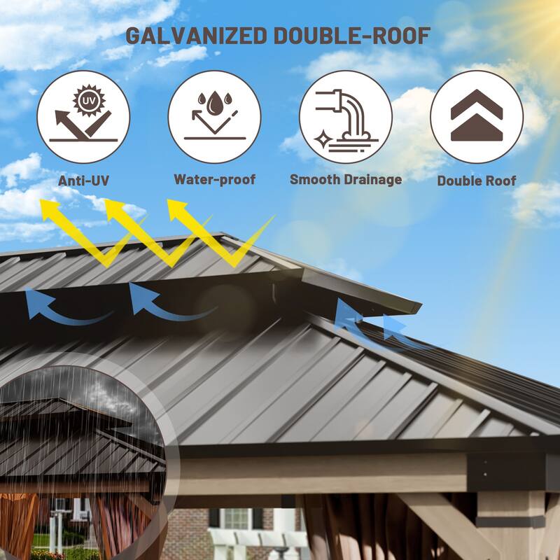 12X20FT Outdoor Wood Frame Patio Gazebo, Metal Pavilion with Curtain and Netting