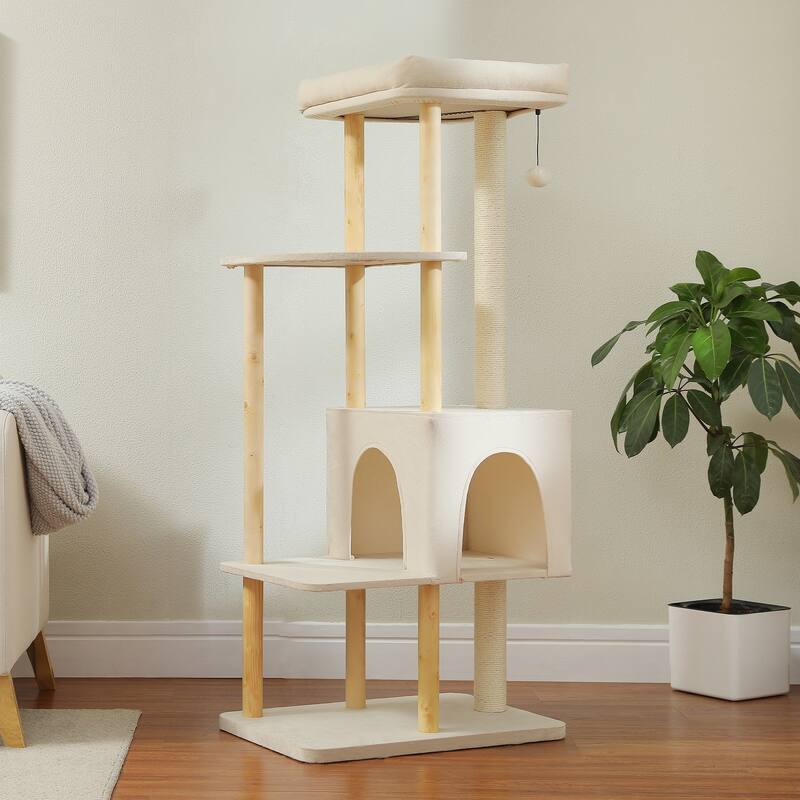 53" Modern Wooden Cat Tower for Indoor Large Cats, Multi-Level Cat Condos with Long Scratching Posts and Scraping Columns
