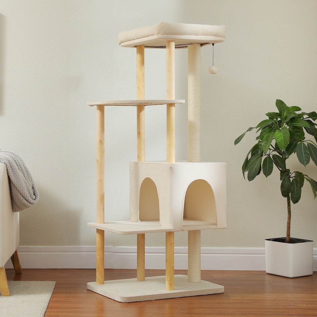 53" Modern Wooden Cat Tower for Indoor Large Cats, Multi-Level Cat Condos with Long Scratching Posts and Scraping Columns