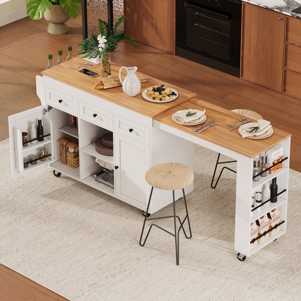 85.5" Kitchen Island with Extendable Dining Table, Rolling Kitchen Cart with Power Outlet, 3 Drawers and 2 Doors for Dining Room
