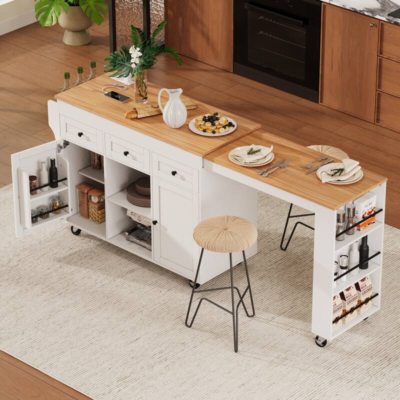 85.5"Kitchen Island with Extendable Dining Table, with 3 Side Open Shelves,Rolling Island with Power Outlet,3 Drawers,2 Doors - White