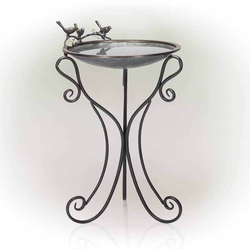 Alpine Corporation 35" Tall Outdoor Antique Style Galvanized Metal Birdbath Bowl with Bird Figurines