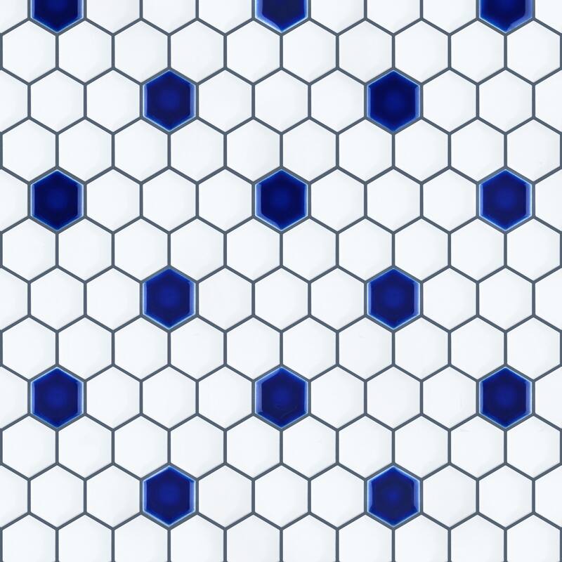 Merola Tile Metro Ion 1" Hex Sapphire Dot w/Glossy White 10-1/4" x 11-7/8" Porcelain Mosaic Floor and Wall Tile