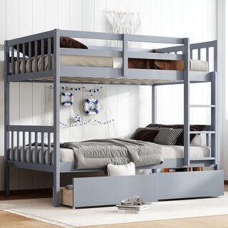 Rubber Wood Bunk Bed Frame with 2 Drawers,Convertible into 2 Beds