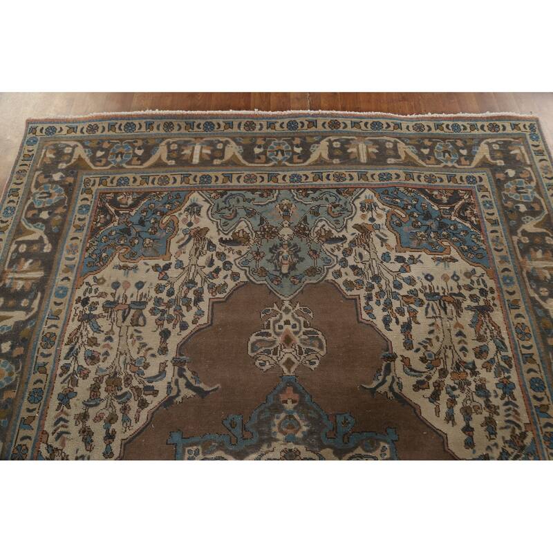 Brown Tabriz Persian Vintage Area Rug Hand-Knotted Wool Carpet - 6'9"x 9'9"
