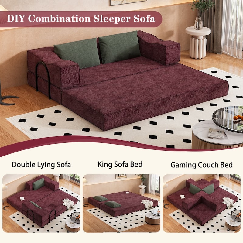 80" Convertible Sofa Bed with 2 Pillows, 2-Seat Folding Floor Couch, Multifunctional Chenille Loveseat Living Room Sleeper Sofa