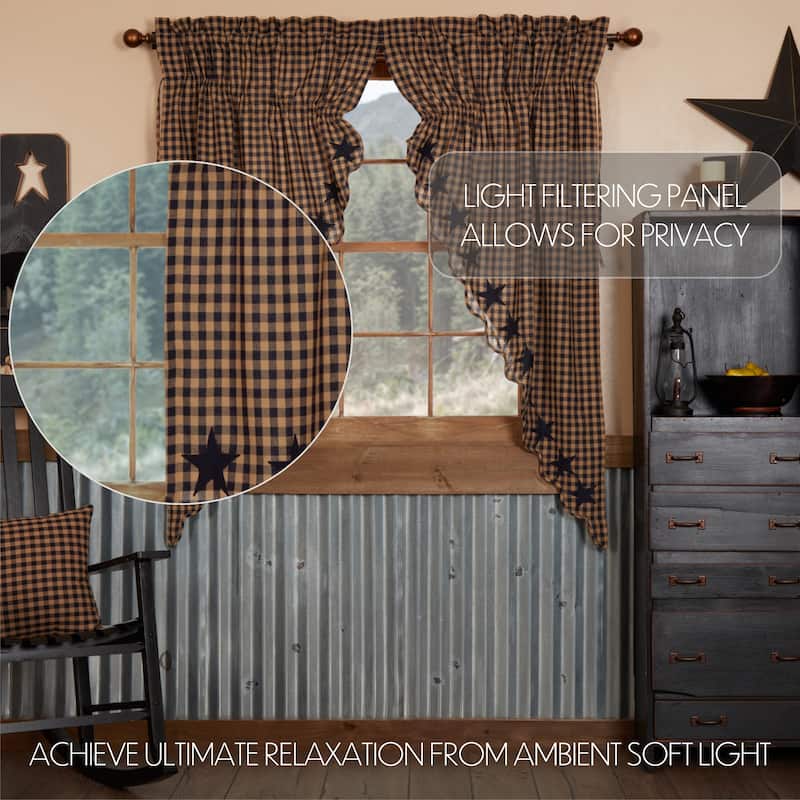 Primitive Curtains VHC Star Short Prairie Panel 63x36x18 Pair Rod Pocket Cotton Appliqued - Prairie Panel 63x36 - Raven/Khaki