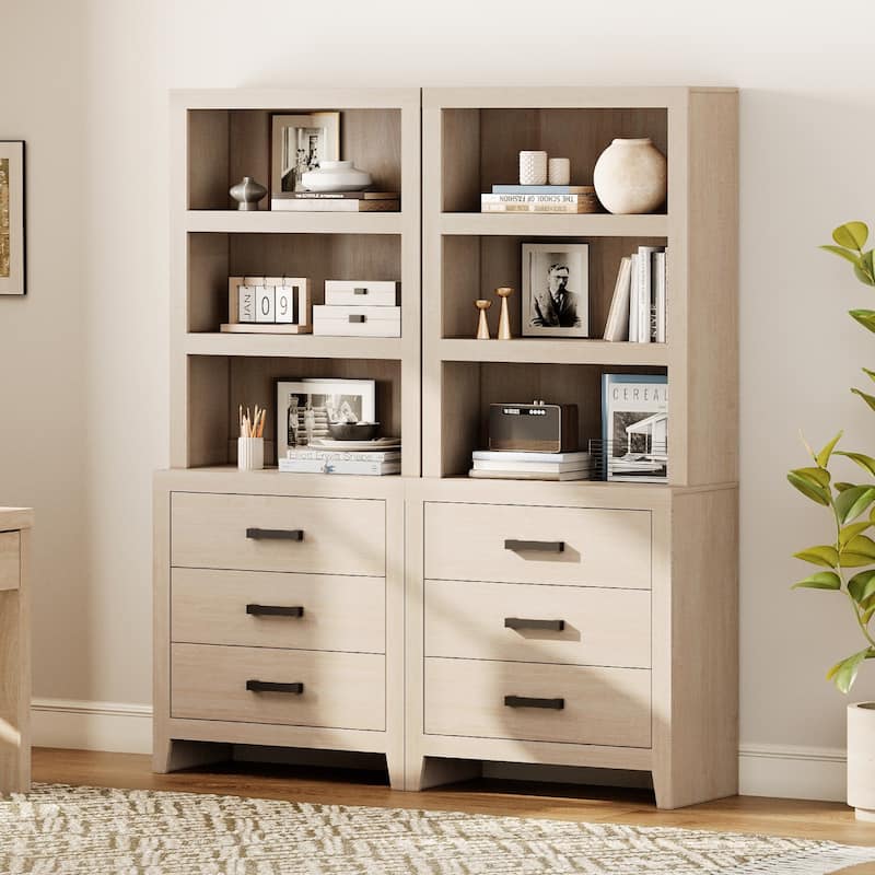 3-Tier Bookshelf with 3 Large Drawers, 74" Tall Farmhouse Bookcase with Wide Metal Handles, for Living Room, Office, Library - 62" Wide - Beige