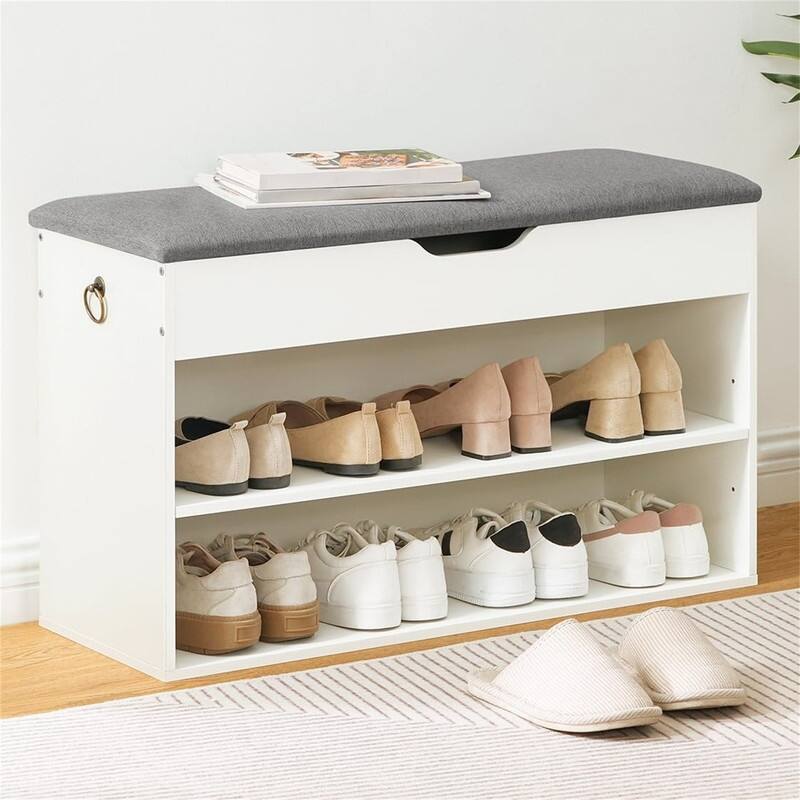 Shoe Storage Bench with Cushion - 11.8"D x 31.4"W x 18.8"H - White + Gray - 11.8"D x 31.4"W x 18.8"H