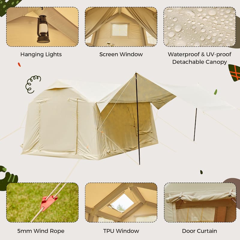 Inflatable Camping Tent for 8-12 People, with Skylights, Chimney Window, and UV-Resistant, Easy Setup for Outdoors