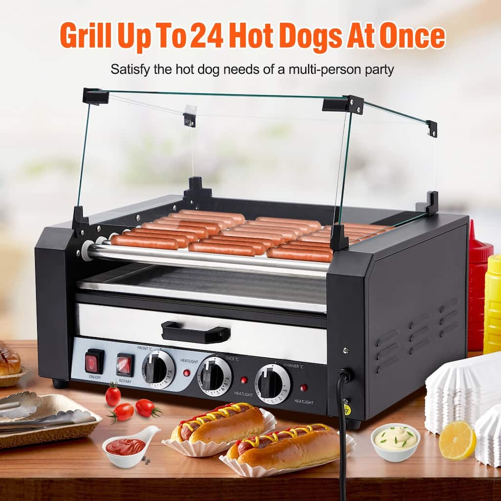 Electric 24 Hot Dog 9 Roller Grill Machine with Warming Drawer - 9 Rollers