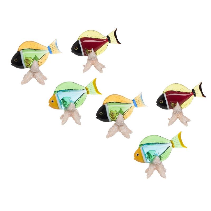 Set Of 6 Mini Multi Fish On Star Stands Glass Figure Figurine Home Decor Beach Coastal Ocean Sea Life 2.36 x 0.79 x 1.97