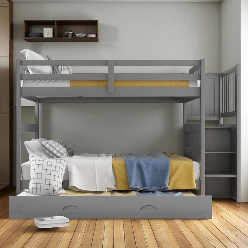 Full Over Full Bunk Bed with Twin Trundle, Storage Staircase with Drawers, Solid Pine Wood, No Box Spring Needed - Grey - Full