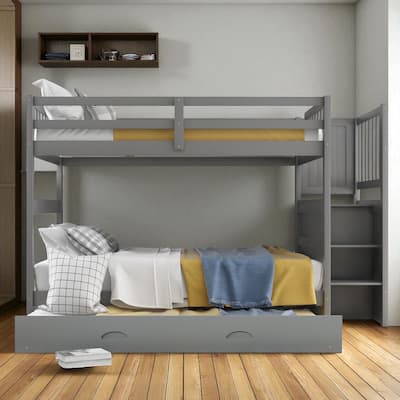 Full Over Full Bunk Bed with Twin Trundle, Storage Staircase with Drawers, Solid Pine Wood, No Box Spring Needed