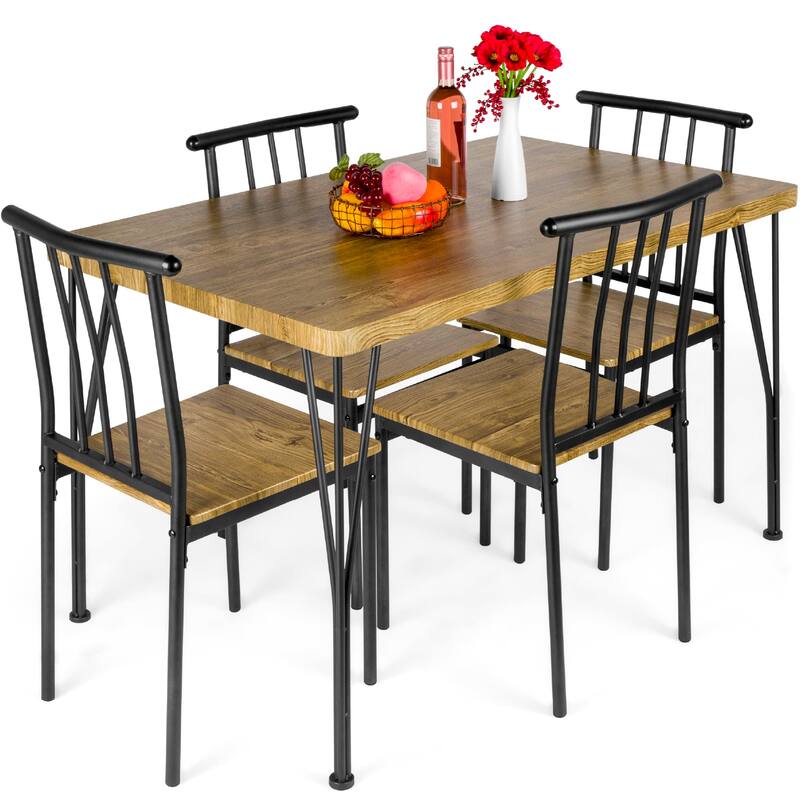5-Piece Metal and Wood Indoor Modern Rectangular Dining Table Set for Kitchen, Dining Room, Dinette, Breakfast Nook w/ 4 Chairs - Brown
