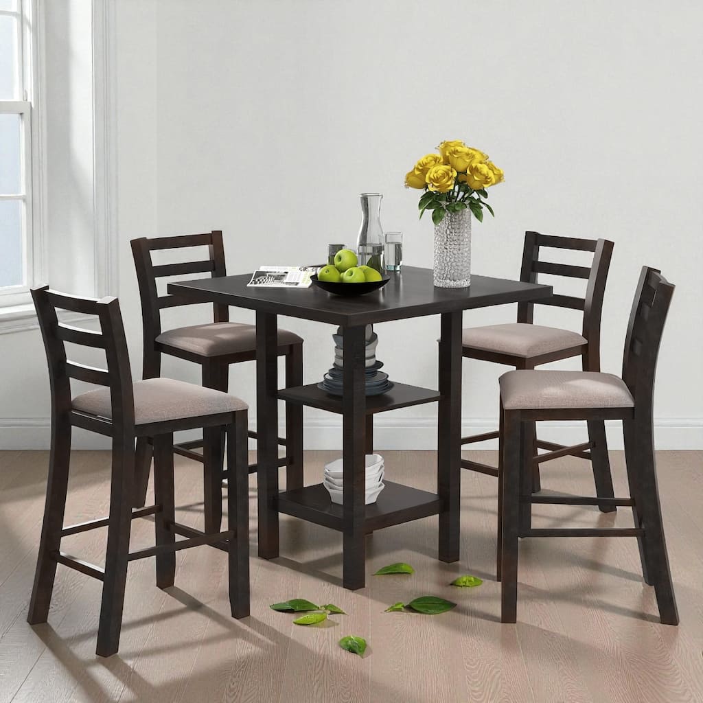 5-Piece Counter Height Dining Set, 35.4" Square Wood Table with Storage Shelf and 4 Upholstered Chairs for Kitchen