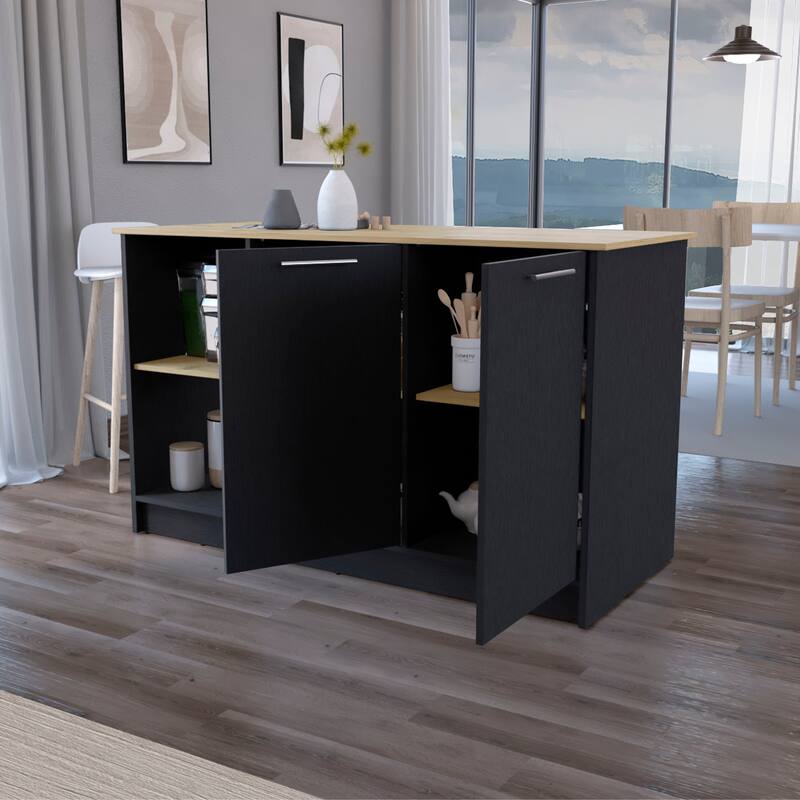59" Kitchen Island with Large Countertop, Double-Door Cabinets, and Open Shelves, Ideal for Storage & Workspace