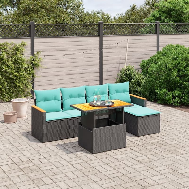 vidaXL Patio Sofa Set with Cushions Outdoor Furniture 6 Piece Poly Rattan - Black - 21.7 x 21.7 x 14.6
