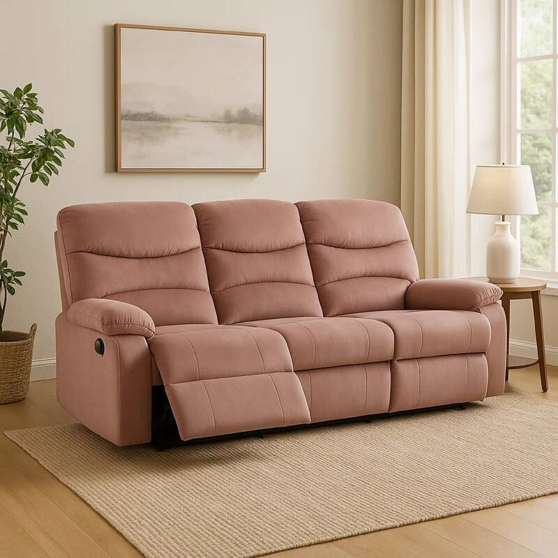 Karry Manual Recliner Sofa, Blush Pink Velvet, Solid Wood, 73 Inch