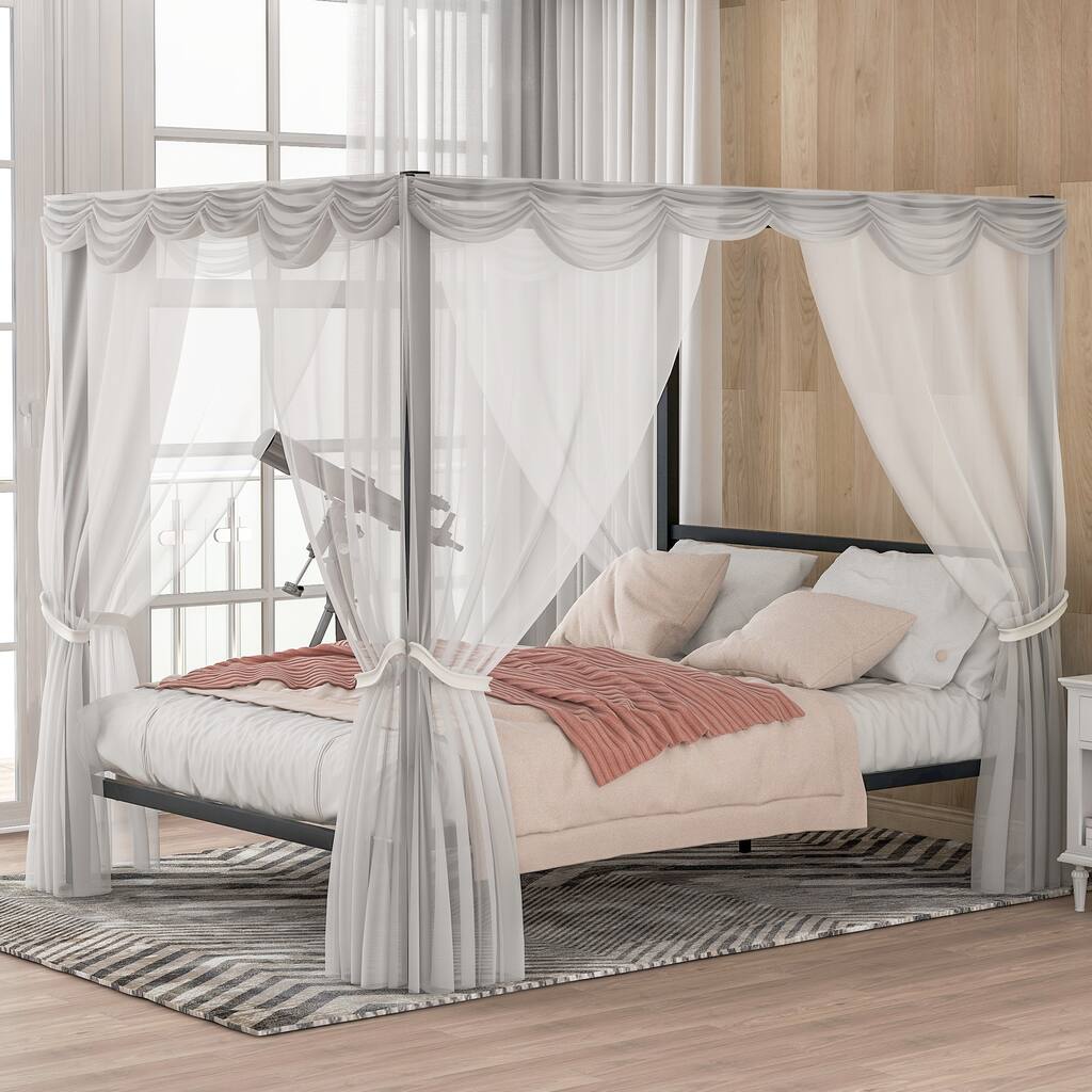 Twin-size Modern 4-post Black Metal Canopy Bed Frame