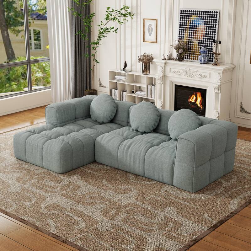 Blue Gray Foam+Spring 103" L-shaped Combination Sofa Set with 3 Pillows for Living Room and Bedroom (Left Side Recliner)