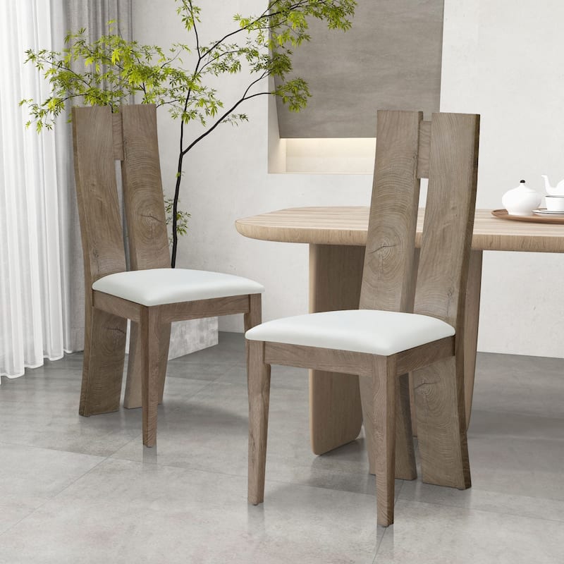 Set of 2 Dining Chair with PU Leather Cushion Seat and Wooden Back - Natural