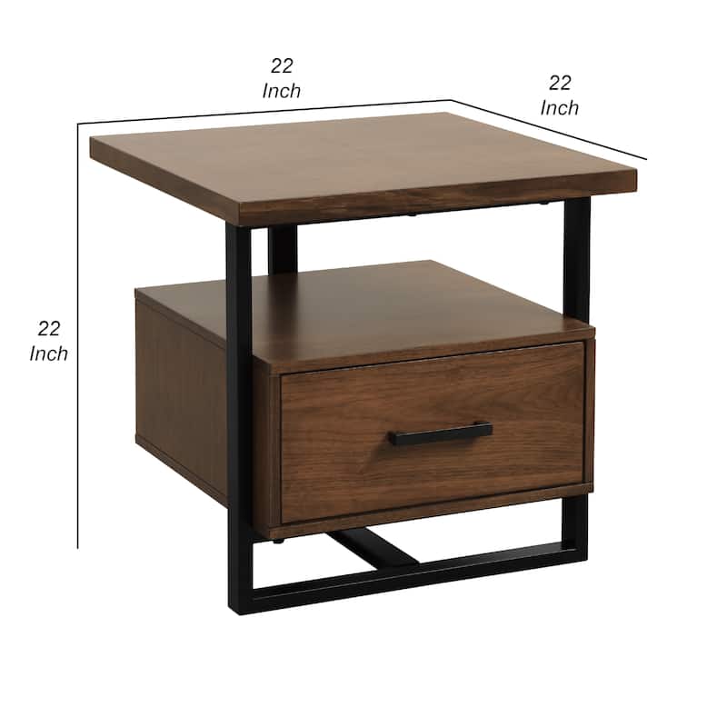 Voz Side End Table, Drawer and Open Shelf, Walnut Brown, Black 22 Inch