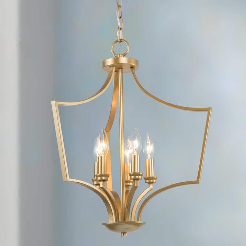 Mid-Century Modern 5-Light Gold Lantern Candle Chandelier for Dining Room - L19"xW19"xH24"