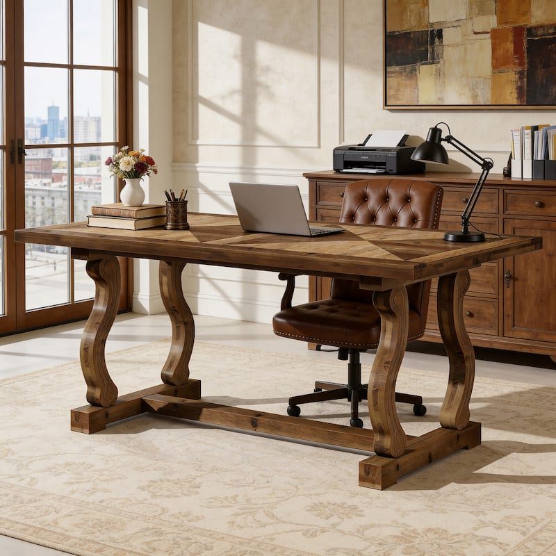 63" Solid Wood Office Executive Desk with Diamond Parquetry Top and Scroll Legs