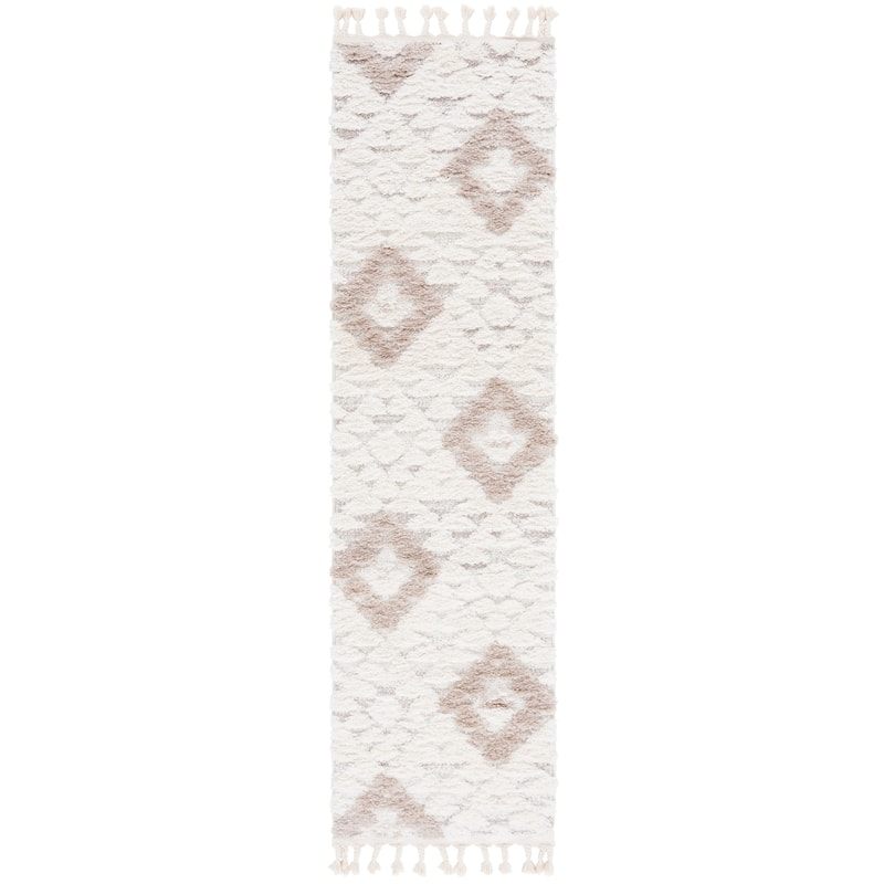 SAFAVIEH Moroccan Tassel Shag Kobi 2-inch Thick Rug - 2'3" x 8' Runner - Ivory/Beige - Runner