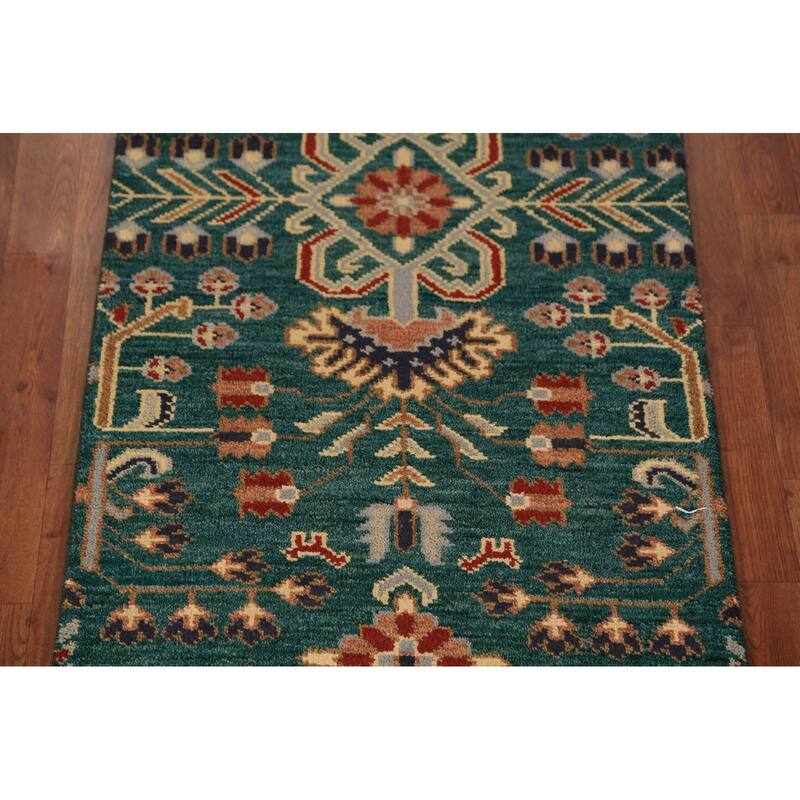 All-Over Green Kazak Indian Runner Rug Handmade Wool Carpet - 2'6"x 9'11"