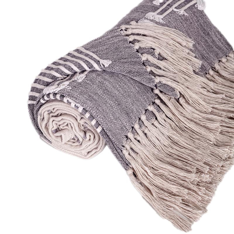 HomeRoots 50" X 60" Ivory and Gray Woven Cotton Striped Throw Blanket with Fringe and Embroidery