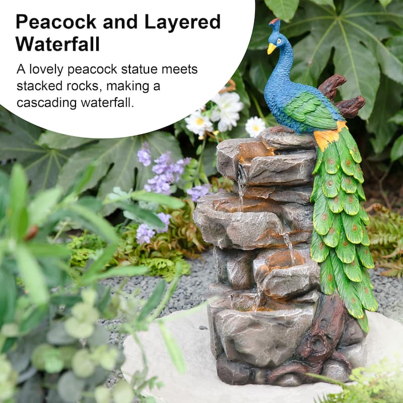 Glitzhome 20.5"H 4-Tierd Lighted Peacock Stacked Stones Polyresin Outdoor Floor Fountain