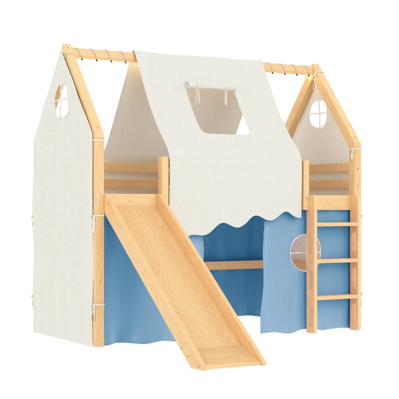 Fairytale Loft Bed Wooden House Bed with Tents, Light Strip and Slide