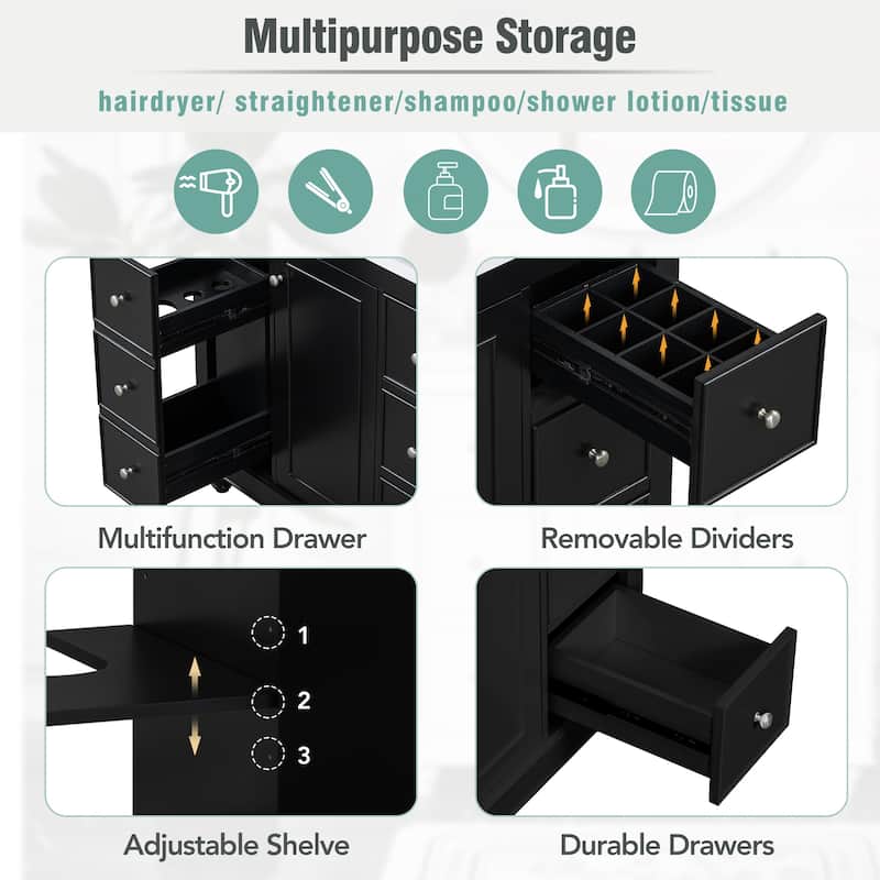 36" Black Bathroom Vanity with Resin Sink, 4 Drawers & 1 Cabinet Door, Adjustable Shelves, Modern Design