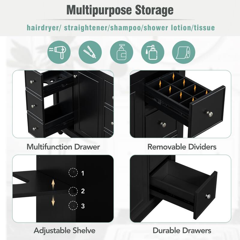 Black Multifunctional Storage Bathroom Vanity with Resin Integrated Sink, Removable Dividers, Adjustable U-shaped Shelf