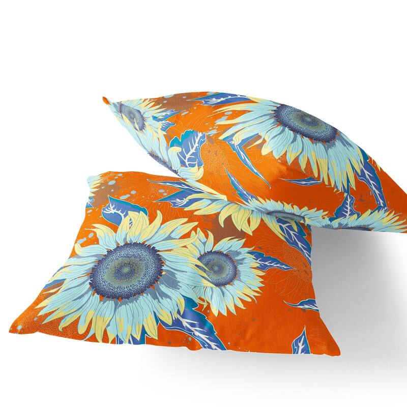 HomeRoots Set of Two 16" X 16" Blue and Yellow Blown Seam Floral Indoor Outdoor Throw Pillow - 16.00' X '16.00' X '5.00