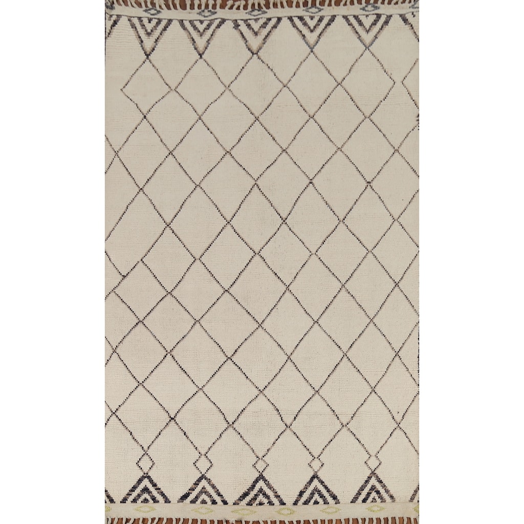Beige Trellis Moroccan Oriental Area Rug Hand-Knotted Wool Carpet - 6'3"x 9'9"